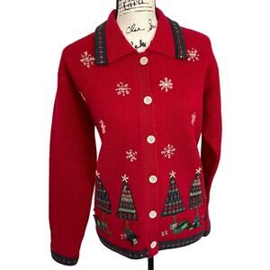 Vintage 90s 100% Wool Ugly Christmas Sweater Red Button Front Cardigan Womens L